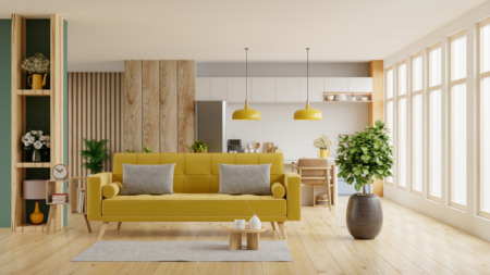 Sala de estar de apartamento compacto com decoração em amarelo — rentabilidade do aluguel Sala de estar de apartamento compacto com decoração em amarelo — rentabilidade do aluguel