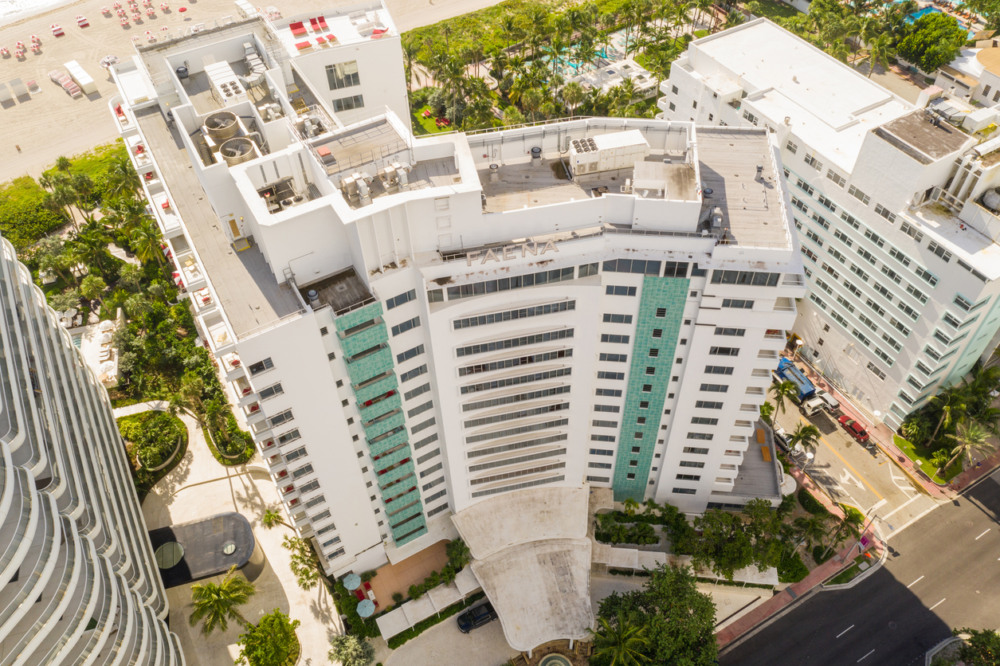 Miami Beach, FL, USA - September 20, 2018: Aerial drone image of the Faena beachfront luxury condominium Miami Beach, FL, USA - September 20, 2018: Aerial drone image of the Faena beachfront luxury condominium