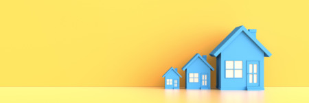 Blue house on yellow background with empty copy space on left side. Hunting and searching concept Blue house on yellow background with empty copy space on left side. Hunting and searching concept