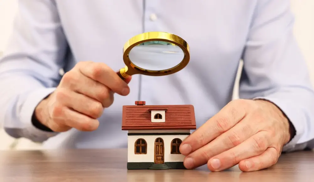 Pessoa segura lupa diante de uma casa, referindo-se à análise minuciosa (due diligence) que deve ser feita antes de uma transação imobiliária. Pessoa segura lupa diante de uma casa, referindo-se à análise minuciosa (due diligence) que deve ser feita antes de uma transação imobiliária.