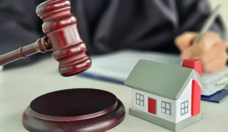 Juiz batendo martelo de leilão judicial e assinando papel, com miniatura de casa em cima da mesa, remetendo à ideia de leilão de imóveis. Juiz batendo martelo de leilão judicial e assinando papel, com miniatura de casa em cima da mesa, remetendo à ideia de leilão de imóveis.